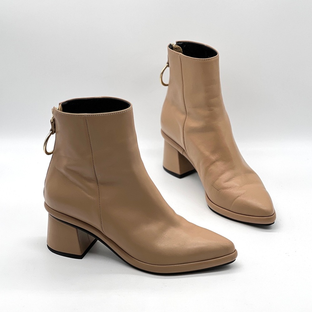 REIKE NEN Leather Ring Ankle Boots Womens 7.5 Tan Camel Pointed Toe Block Heel
